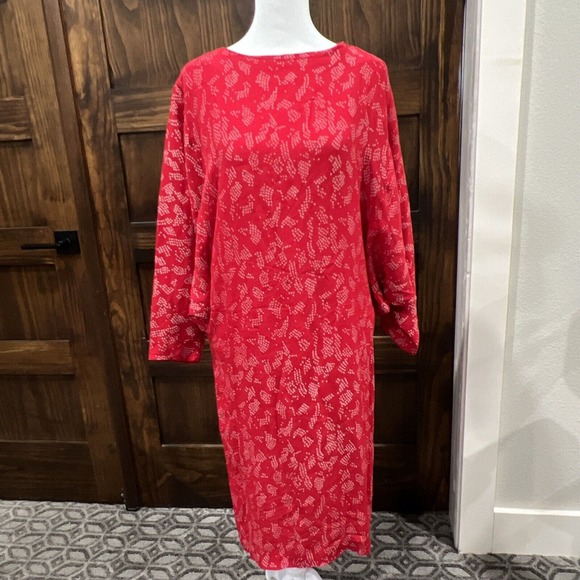 Vintage Red Dress Warren Z Dolman Sleeves Geometric Pattern 80s Midi - Picture 1 of 9